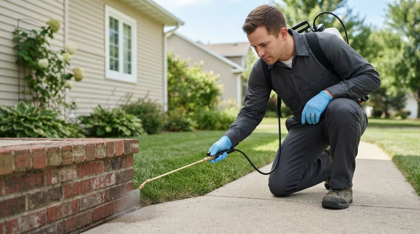 Pest control technician treating a home near Nielsville, MN