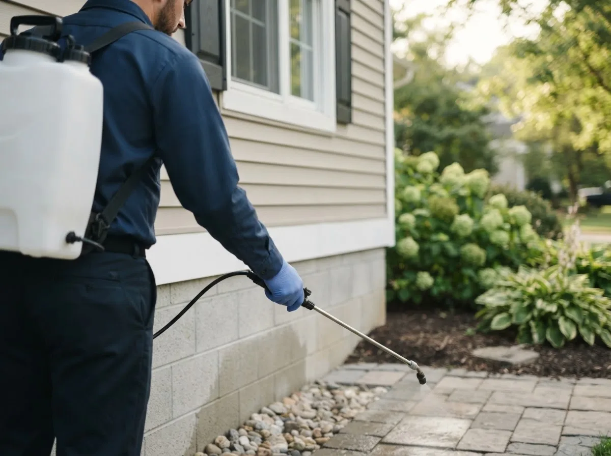 Pest control technician inspecting a home in Nielsville, MN